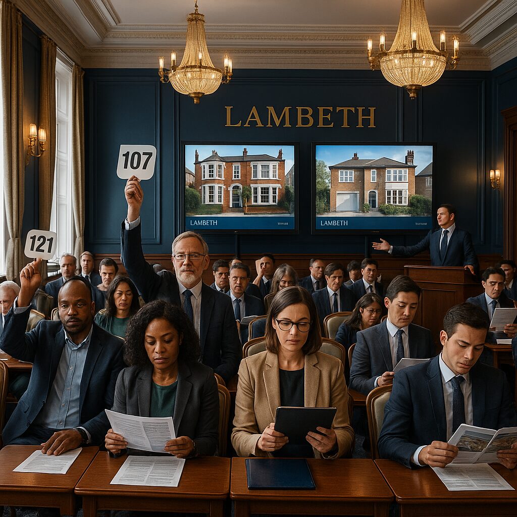 Property for sale A group of people attend a Lambeth property auction in an elegant room. Some participants hold numbered paddles, while others read documents or use tablets. A man stands at a podium, with house images displayed on screens behind him. Presented by Palace Auctions