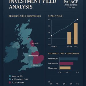 Property for sale An infographic titled “Investment Yield Analysis” shows UK regions’ yields, with Lodnuh, Manchester, and Edinburg highlighted. It features yield trends for 2024–2026 and bar charts by property type from Property Assessment Services UK. Presented by Palace Auctions