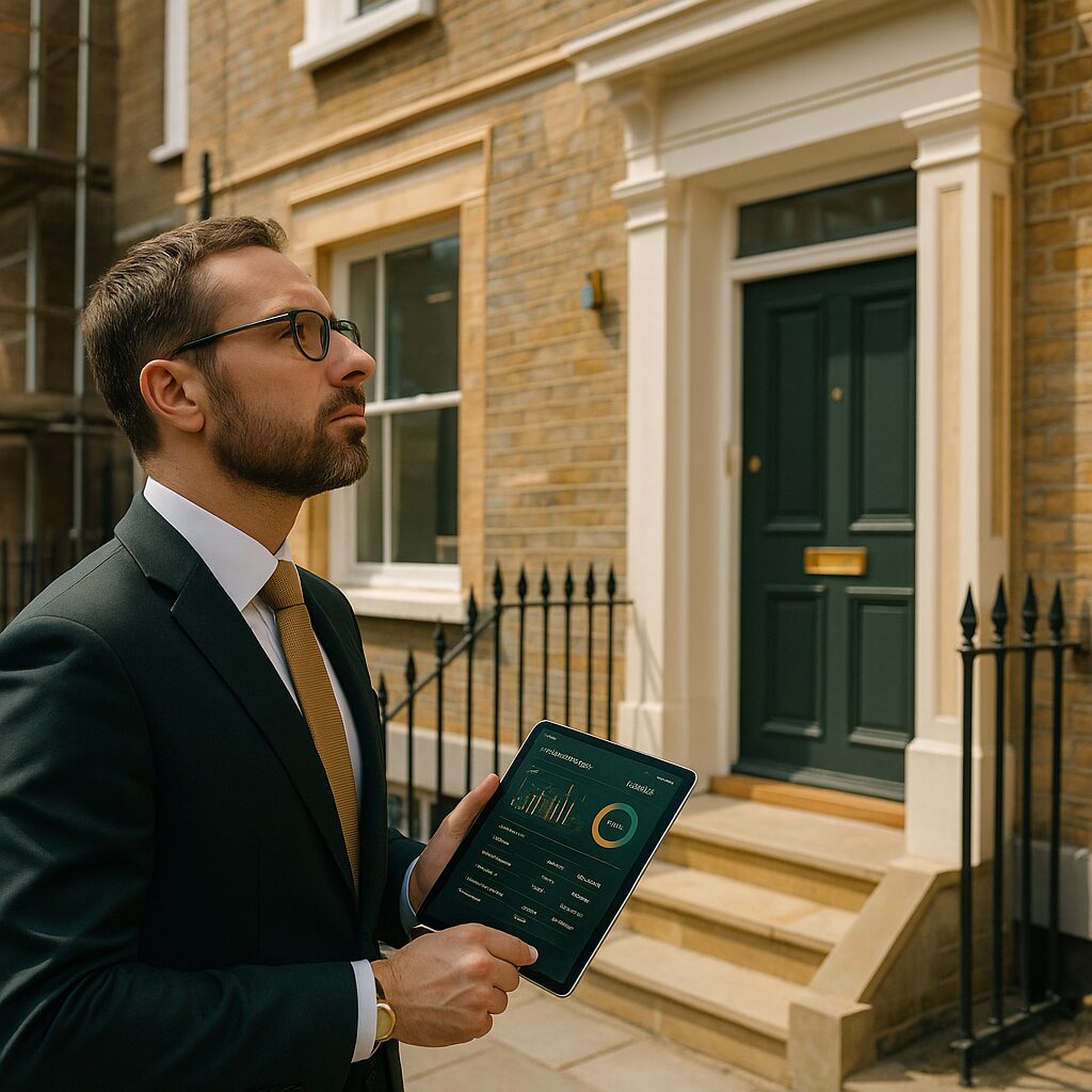 Property for sale A man in a suit holding a tablet with data graphs stands outside a brick building with a green door, looking thoughtful—reflecting on the responsibilities of Court-Appointed Receivership. Presented by Palace Auctions