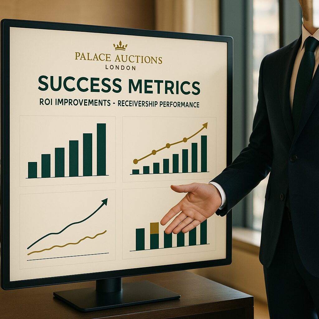 Property for sale A person in a suit gestures toward a monitor displaying bar and line graphs labeled "Success Metrics" for Palace Auctions London, highlighting ROI improvements and Court-Appointed Receivership performance. Presented by Palace Auctions