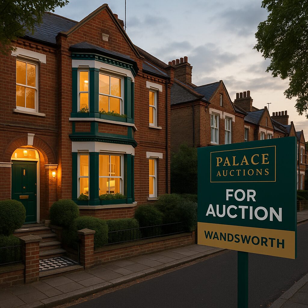 Property for sale A traditional red-brick house with green trim is lit warmly at dusk. A sign in front reads “Palace Auctions For Auction Wandsworth," highlighting a Wandsworth property auction. Similar houses line the quiet, peaceful street. Presented by Palace Auctions