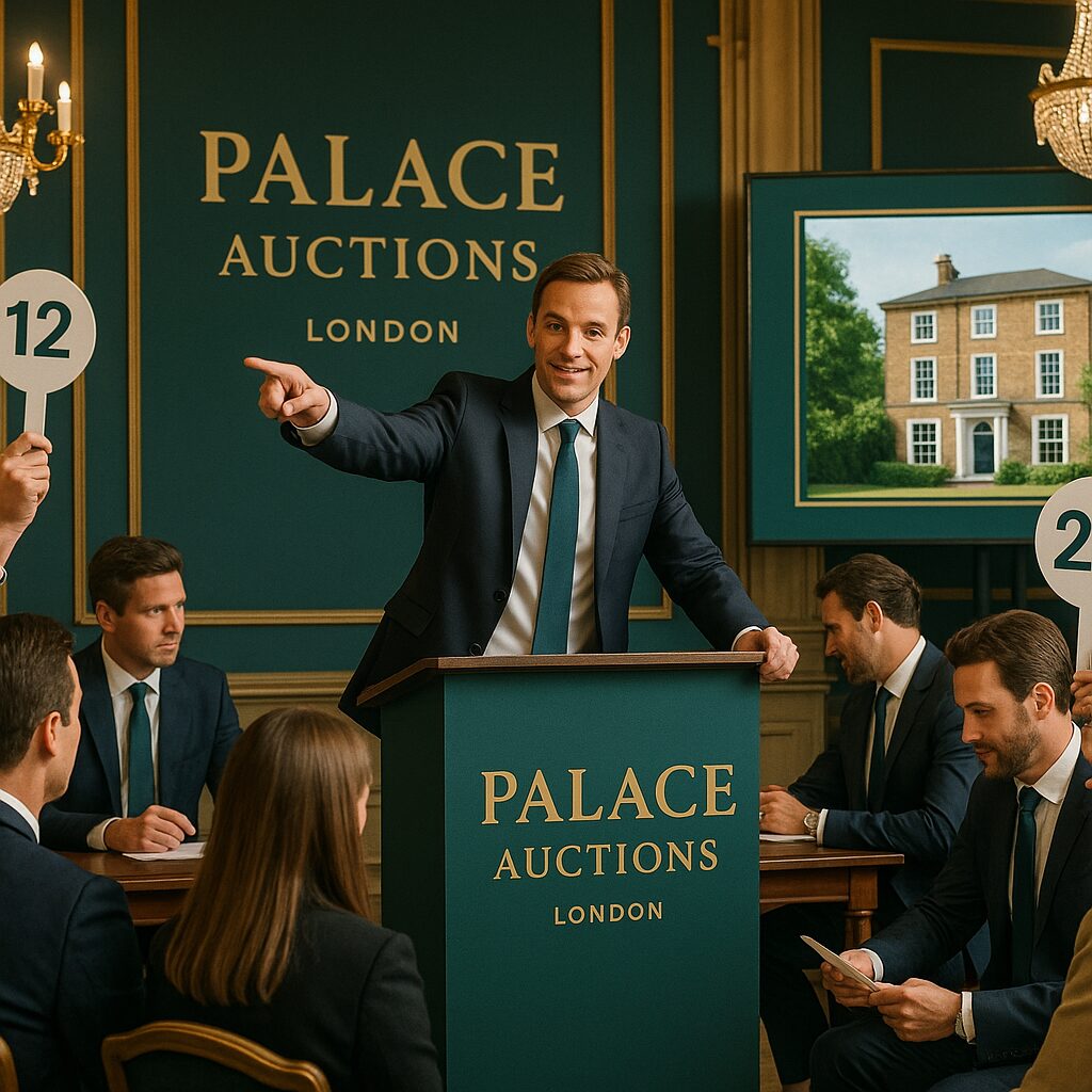 Property for sale An auctioneer in a suit gestures while conducting a property auction at "Palace Auctions London." Property auction agents London oversee as participants hold numbered paddles, with a house displayed on a screen in the background. Presented by Palace Auctions