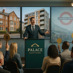 Property for sale An auctioneer in a suit stands at a podium labeled "Palace Auctions," taking bids from seated attendees holding numbered paddles. Behind him are images of buildings and a Camden Town sign, reflecting the excitement of property auctions Camden. Presented by Palace Auctions