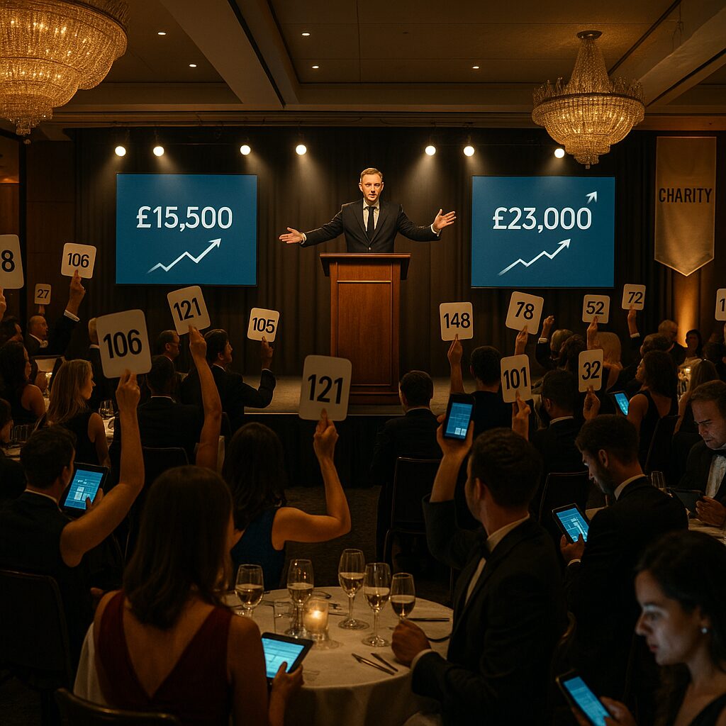 Property for sale A charity auction event in London with a man at a podium speaking, flanked by two screens showing bids of £15,500 and £23,000. Seated guests in formal wear raise numbered paddles and use tablets during the lively auctions. Presented by Palace Auctions