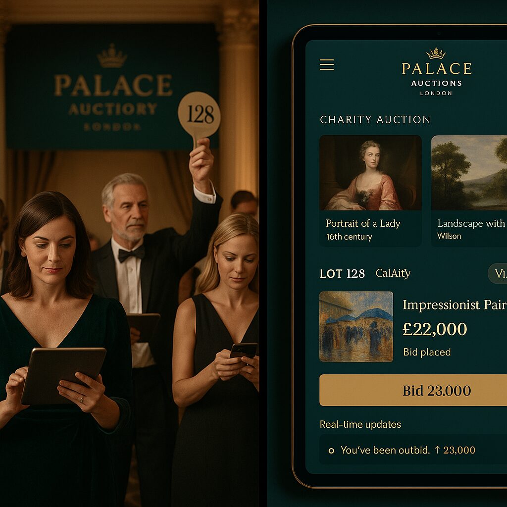 Property for sale At a formal Charity Auction in London, a man raises his bid paddle while two women use digital devices. Beside them, a screen displays an online auction interface with details on art lots, bids, and real-time updates. Presented by Palace Auctions