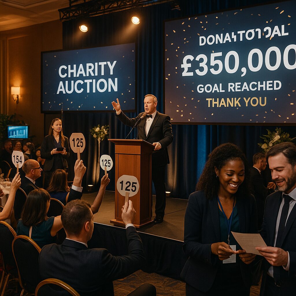 Property for sale A man in a tuxedo stands at a podium leading one of London’s premier charity auctions. The audience holds up numbered paddles as two large screens display “CHARITY AUCTION” and “£350,000 GOAL REACHED.” Staff interact with attendees. Presented by Palace Auctions