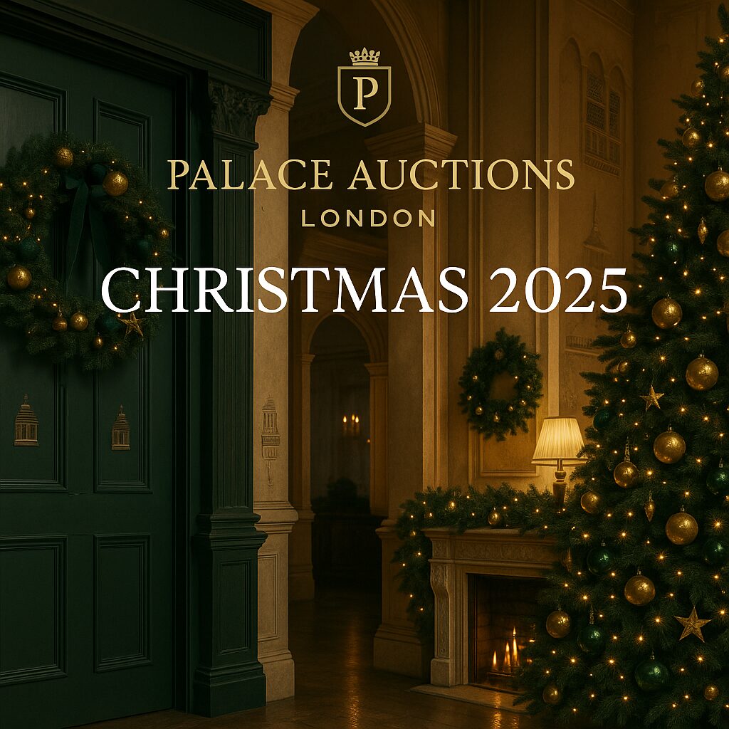 Property for sale Elegant room decorated for Christmas with wreaths and a tree adorned with gold ornaments. Fireplace and lamp provide warm light. Text reads: 