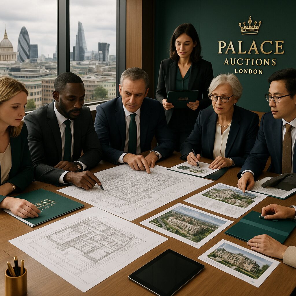 Property for sale Six business professionals sit around a table in an office overlooking London, reviewing building blueprints and property images for new homes for sale. A sign reads "Palace Auctions London." Electronic devices and documents are on the table. Presented by Palace Auctions