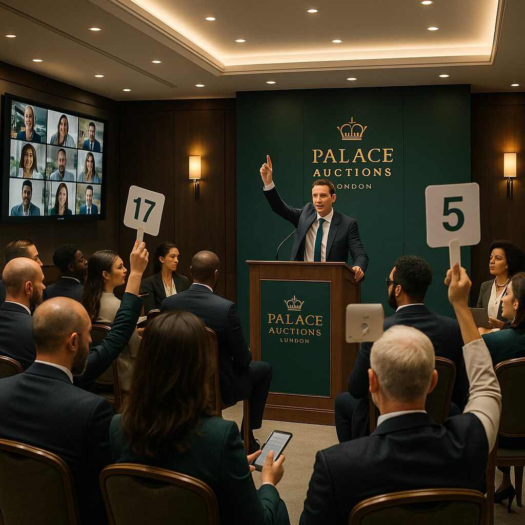 Property for sale A male auctioneer stands at a podium labeled "Palace Auctions London," gesturing as attendees raise numbered paddles to bid on new homes for sale. A screen shows worldwide participants joining virtually. The room is formal and well-lit. Presented by Palace Auctions