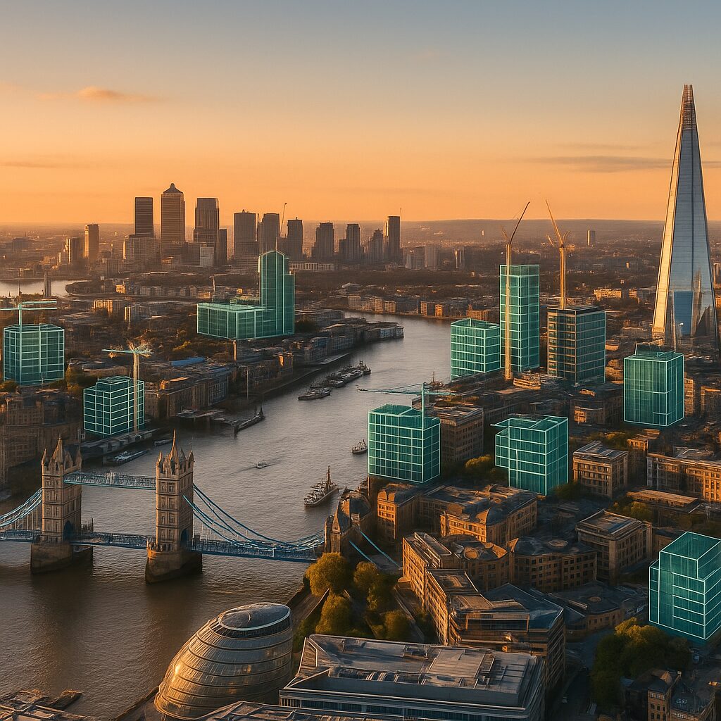 Property for sale Aerial view of central London at sunset, with several buildings and skyscrapers highlighted by digital blue outlines along the River Thames, including the Shard and Tower Bridge, showcasing New Build and Development Sites - Professional Services. Presented by Palace Auctions