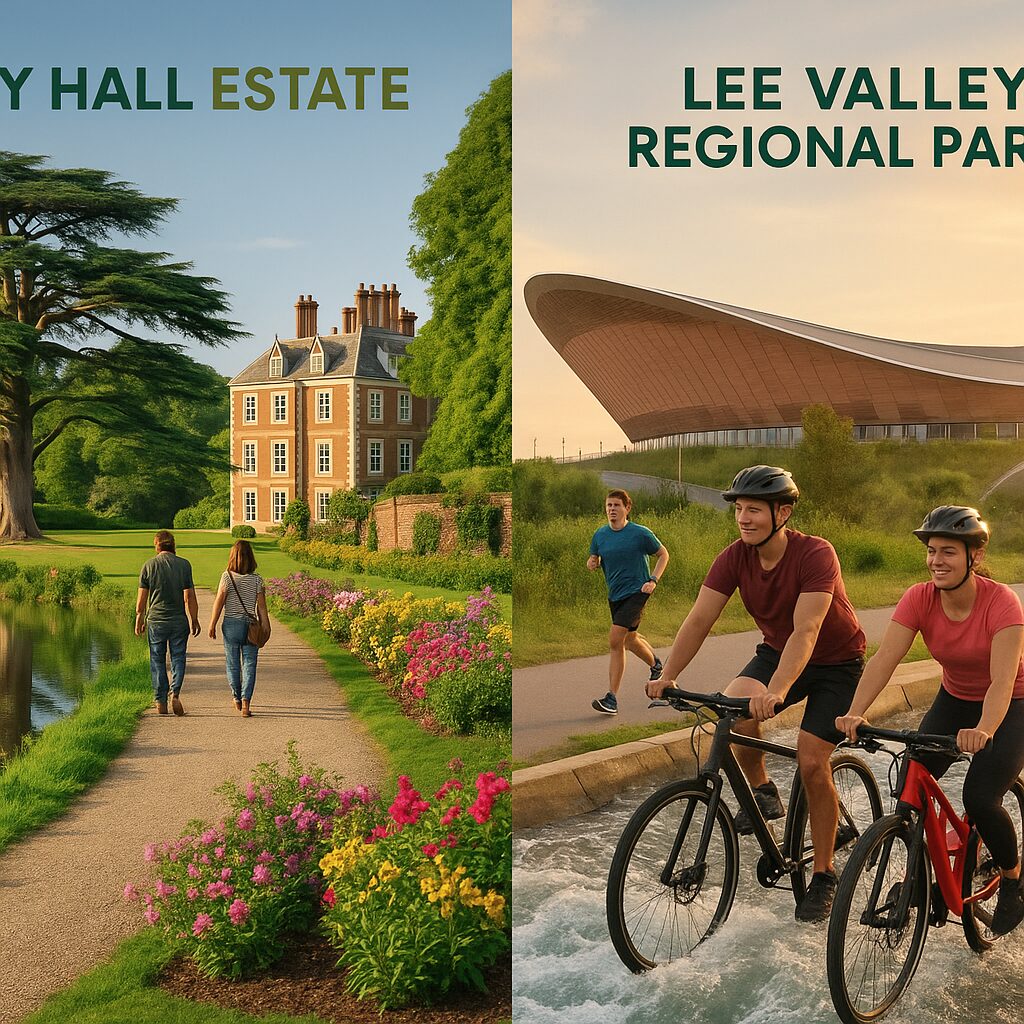 Property for sale Split image: On the left, a couple strolls by a pond toward a grand estate that could star in Enfield property auctions. On the right, two people cycle past a modern arena while another jogs beneath the blue sky. Presented by Palace Auctions