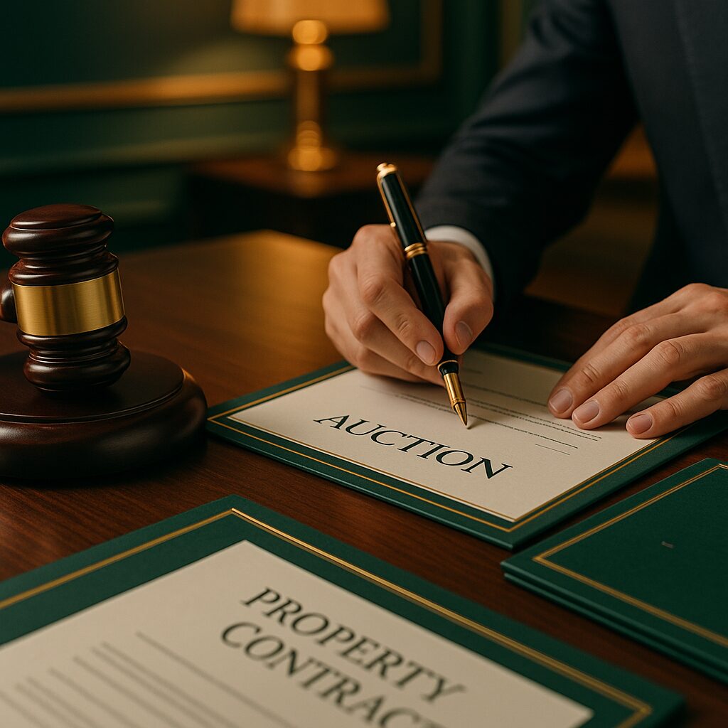 Property for sale A person in a suit signs an auction document at a wooden desk, with a judge’s gavel and property contract visible, illustrating the luxury real estate auction process in a high-end or global luxury auction guide setting. Presented by Palace Auctions