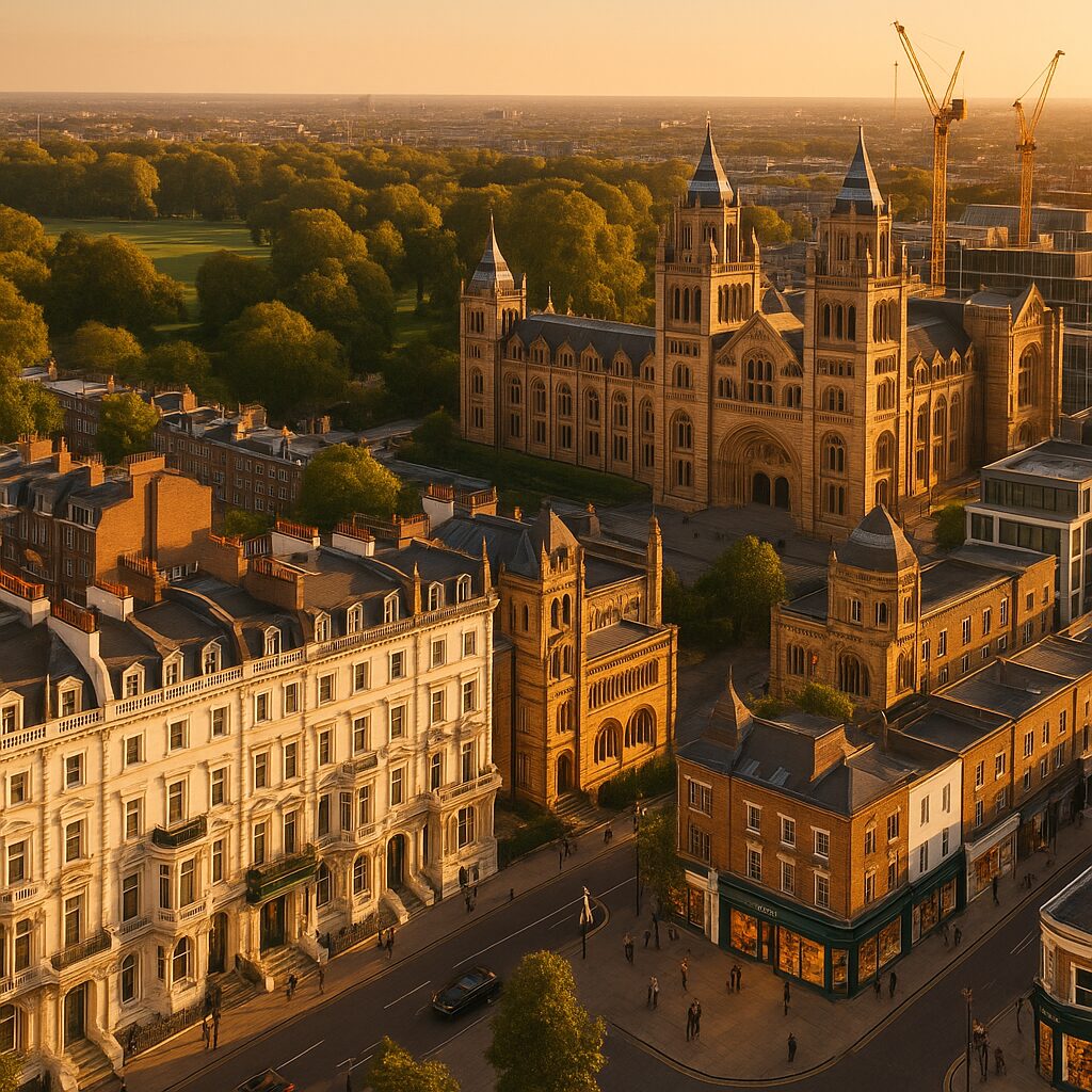 Property for sale Aerial view of a grand, historic building with towers and arched windows, surrounded by leafy trees and historic townhouses in Kensington and Chelsea; cranes loom in the background under warm golden evening light. Presented by Palace Auctions