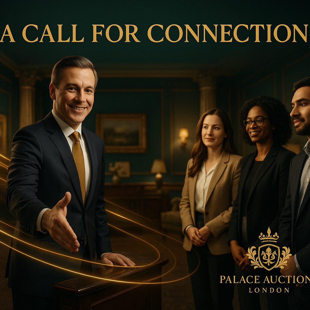 Property for sale A smiling auctioneer in a suit extends his hand toward the viewer. Three professionally dressed people stand nearby. Text reads, “A CALL FOR CONNECTION,” with “Property Auction Agents London” and a gold crest at the bottom. Presented by Palace Auctions