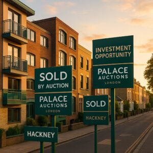 Property for sale Multiple green signs outside a modern apartment building read “SOLD BY AUCTION,” “INVESTMENT OPPORTUNITY,” and “PALACE AUCTIONS, LONDON, HACKNEY,” offering a glimpse into the vibrant local market featured in a Hackney property auctions guide. Presented by Palace Auctions
