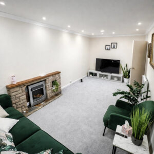 Property for sale A modern living room with light walls and carpet, a green sofa and chair, indoor plants, and a fireplace—ideal for buy-to-let West Bridgford investors seeking stylish comfort with framed pictures, TV on a low stand, and wooden mantle. Presented by Palace Auctions