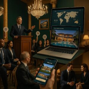 A live real estate auction is taking place; people in formal attire raise numbered paddles while a man speaks at a podium. Overlaid are images of a house auctioned online, highlighting the excitement and fast pace of the auction day process on multiple screens. Presented by Palace Auctions