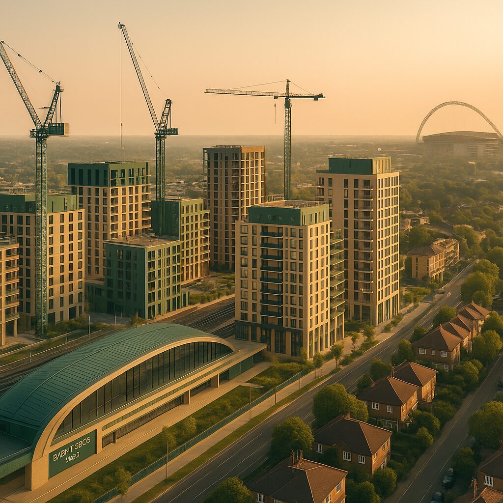 Property for sale A cityscape at sunset showing modern apartment buildings under construction with cranes, a curved-roof station labeled "Barnet Cross," residential houses, and Wembley Stadium in the distance—a dynamic view of Brent London property auctions in progress. Presented by Palace Auctions
