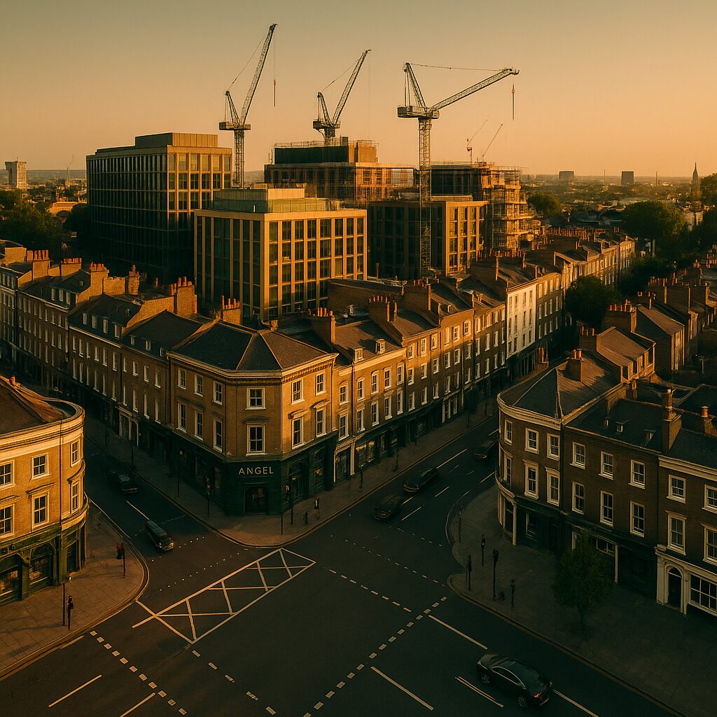 Property for sale A cityscape at sunset shows rows of brick buildings on a street corner, hinting at Islington property auctions, with modern construction cranes and high-rise buildings in the background under a warm, golden sky. Presented by Palace Auctions