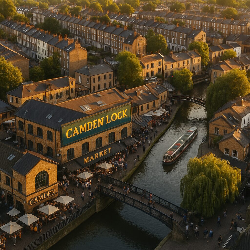 Property for sale Aerial view of Camden Lock Market in London at sunset, with crowds, canal boats, and rows of terraced houses—an area buzzing with life and potential for those interested in Camden property auctions, all surrounded by lush green trees. Presented by Palace Auctions