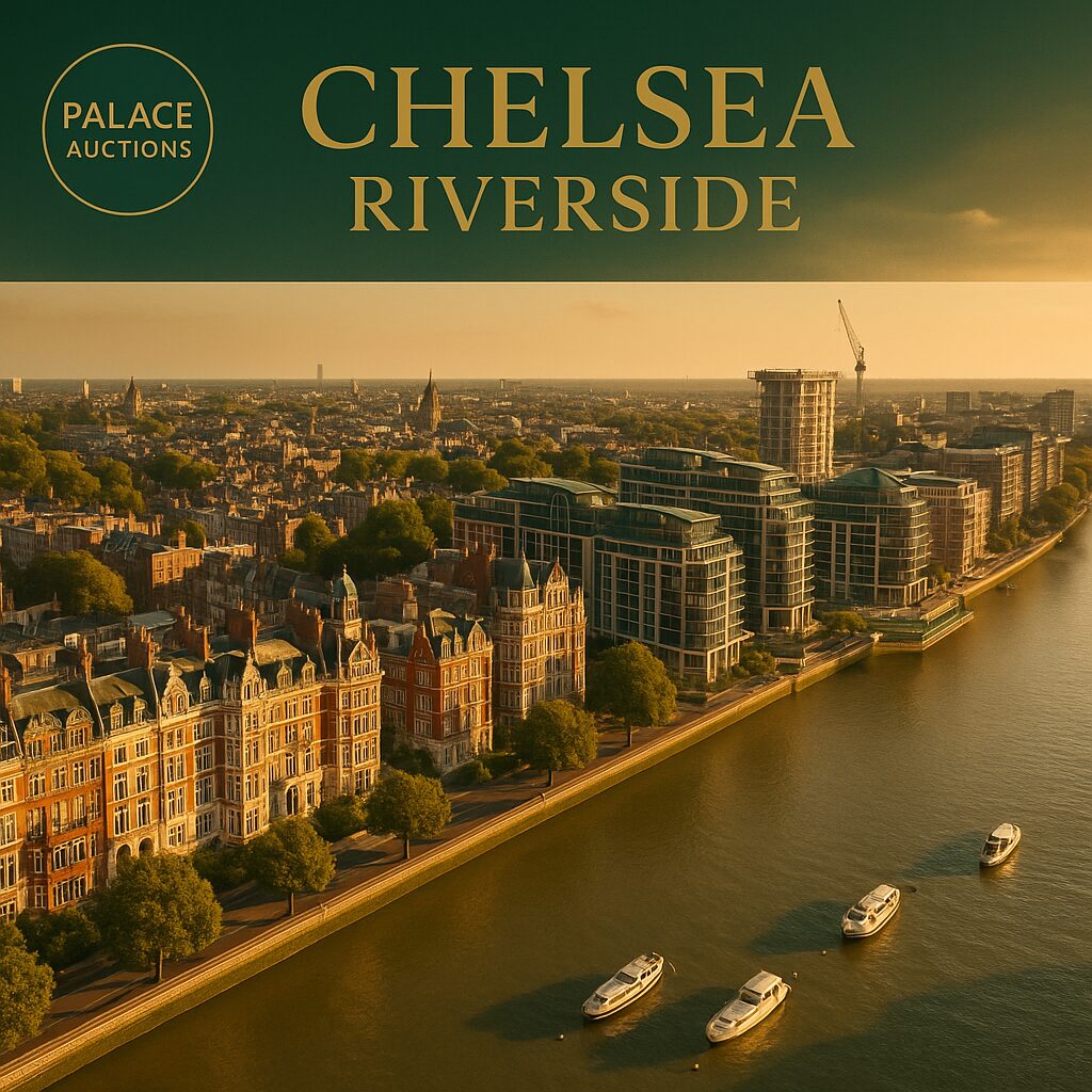 Property for sale Aerial view of luxury riverside buildings and boats on the Thames at sunset, with "Palace Auctions," "Chelsea Riverside," and "Kensington Chelsea property auctions" text overlayed at the top of the image. Presented by Palace Auctions