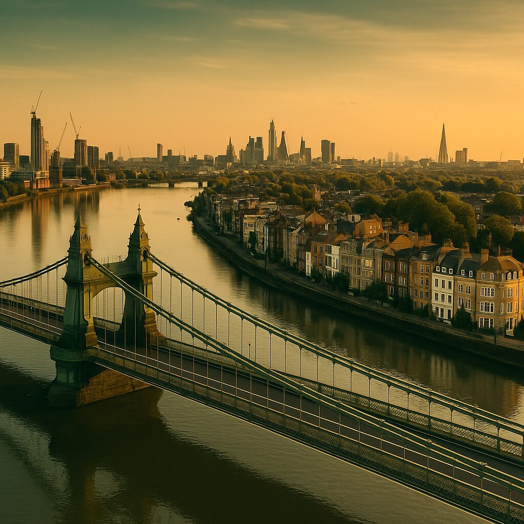 Property for sale Aerial view of Hammersmith Bridge spanning the River Thames in London at sunset, with city skyscrapers and historic riverside buildings—ideal scenery for those interested in Hammersmith and Fulham property auctions—glowing in warm golden light. Presented by Palace Auctions