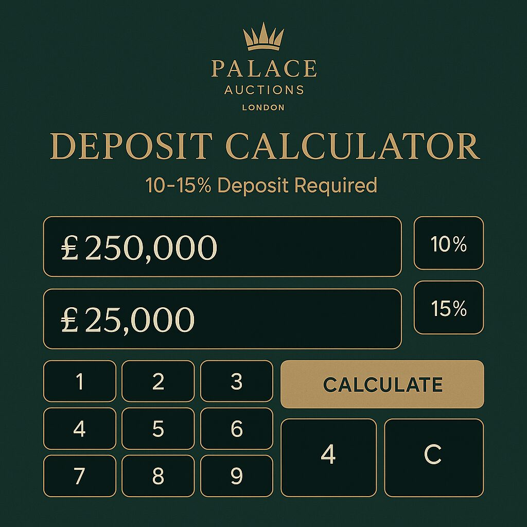 Property for sale A deposit calculator interface from Palace Auctions displays a property price of £250,000, features buttons for 10% or 15% deposit, calculation keys, and highlights property auction deposit requirements with a "Calculate" button. Presented by Palace Auctions