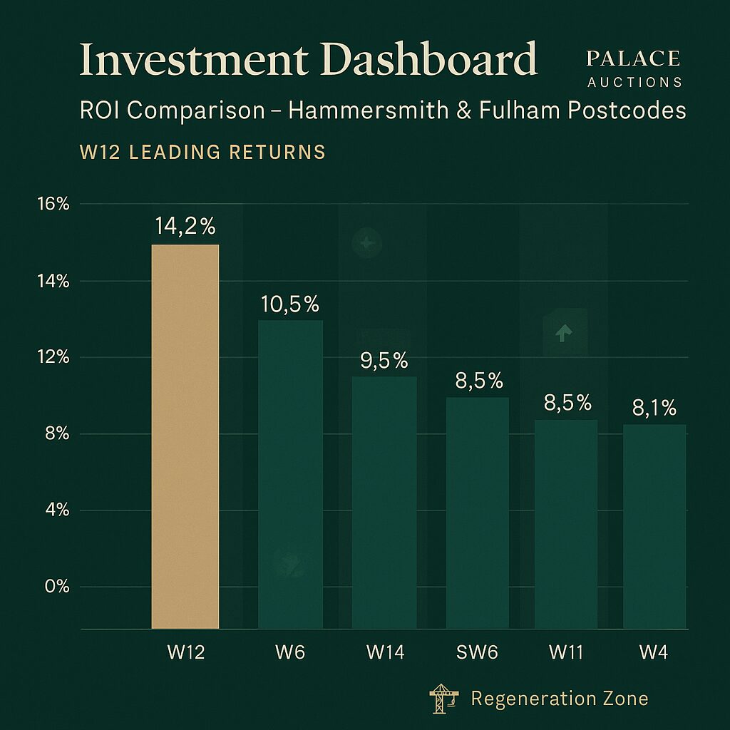 Property for sale A bar chart titled "Investment Dashboard" compares ROI for Hammersmith & Fulham postcodes, highlighting W12 as the top performer at 14.2%. Ideal for those interested in Hammersmith and Fulham property auctions. Presented by Palace Auctions