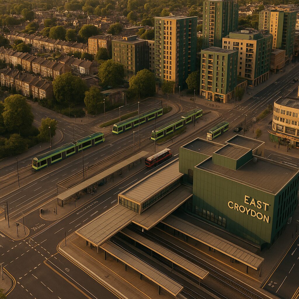 Property for sale Aerial view of East Croydon station with green trams, a red bus, modern high-rises, and tree-lined residential streets at sunset—an attractive scene for those interested in Croydon property auctions. Presented by Palace Auctions