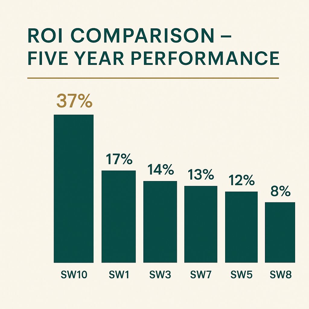Property for sale Bar chart titled "ROI Comparison – Five Year Performance" shows percentages for six categories, highlighting areas like SW10 and SW1. Discover how Kensington Chelsea property auctions impact these impressive returns. Presented by Palace Auctions