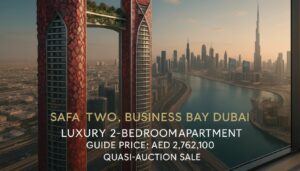 Property for sale A tall, modern luxury building with a rooftop garden overlooks Dubai’s skyline and the Burj Khalifa. This premium Business Bay apartment Dubai is a 2-bedroom in Safa Two, priced at AED 2,762,100. Presented by Palace Auctions