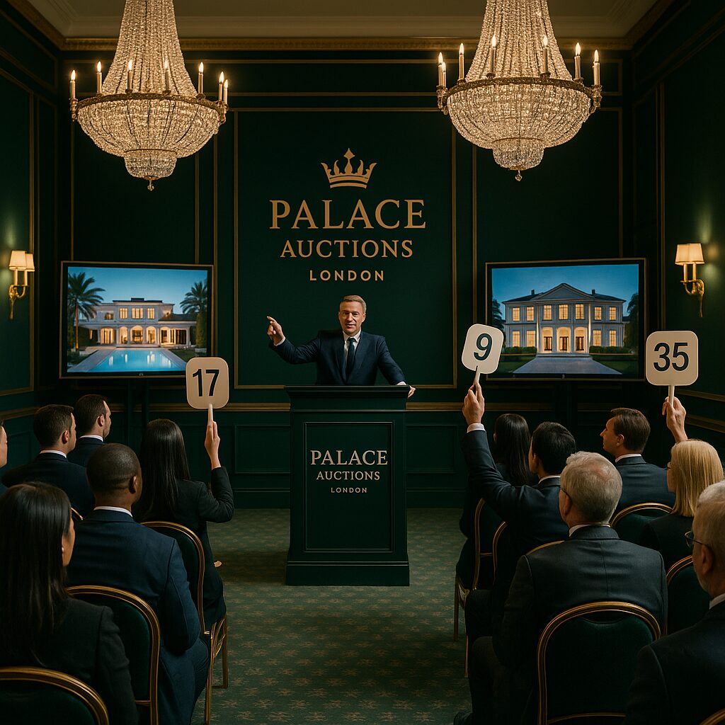 Property for sale An auctioneer stands at a podium in a luxurious room labeled "Palace Auctions London," guiding attendees through the luxury real estate auction process as they bid on two mansion images displayed on screens behind him. Presented by Palace Auctions