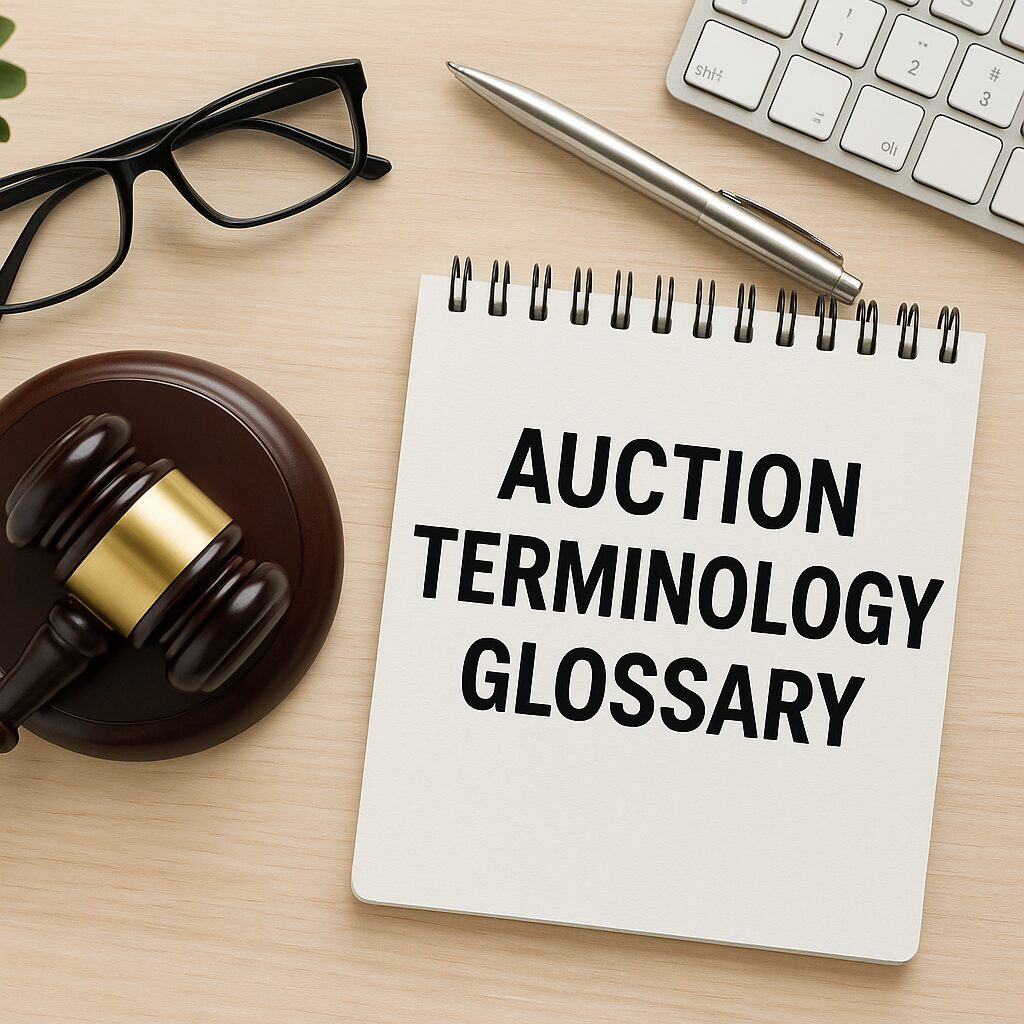 Property for sale A notepad on a desk displays the words "AUCTION TERMINOLOGY GLOSSARY," ideal for anyone seeking a beginner’s guide to auctions. Surrounding items include a gavel, eyeglasses, a pen, keyboard, and part of a potted plant. Presented by Palace Auctions