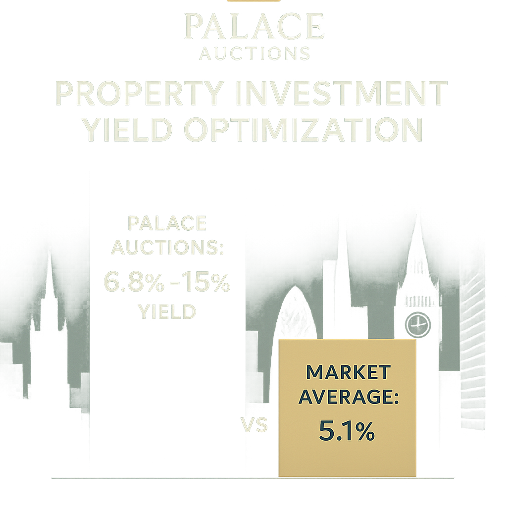 Property for sale A graphic compares property investment yields: Palace Auctions offers 6.8%–15% yield, while the market average is 5.1%. The background features stylized city skyline illustrations, reflecting value add property development opportunities. Presented by Palace Auctions