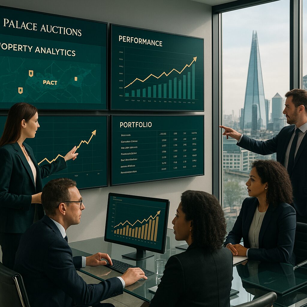 Property for sale Five business professionals in a modern office discuss financial charts showing upward trends in property analytics and performance, highlighting property yield optimization London, with a city skyline and a tall glass building visible through the window. Presented by Palace Auctions