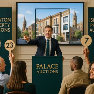 Property for sale An auctioneer at a podium labeled "Palace Auctions" points forward while bidders raise numbered paddles. A screen behind shows a photo of residential buildings, highlighting Islington property auctions and potential N1 property yields. Presented by Palace Auctions