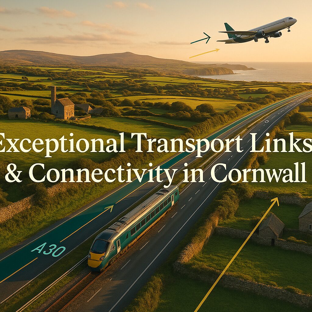 Property for sale A train travels on the A30 road through the green countryside near Bodmin Moor in Cornwall, while a plane takes off in the background. Large text reads: âExceptional Transport Links & Connectivity in Cornwall.â. Presented by Palace Auctions