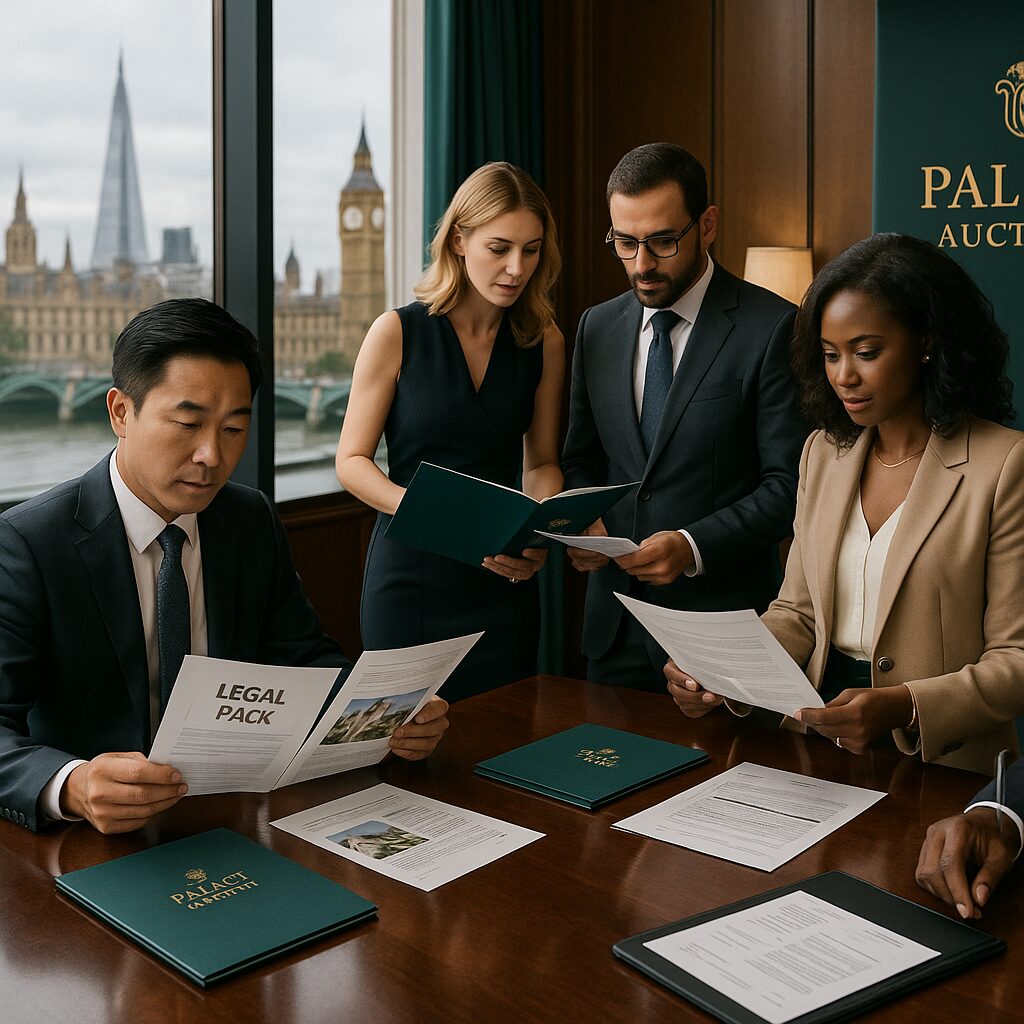 Property for sale Five business professionals in formal attire review documents around a table in an office with large windows. The London skyline, including Big Ben and The Shard, is visible outside. Property auction agents London review a "LEGAL PACK. Presented by Palace Auctions