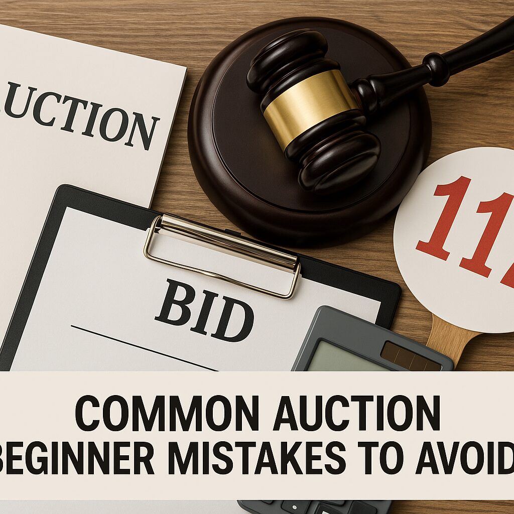 Property for sale A gavel, bid documents, a calculator, and a paddle with the number 114 are on a desk. Text at the bottom reads, "Common Auction Beginner Mistakes to Avoid"—your beginner’s guide to auctions starts here. Presented by Palace Auctions