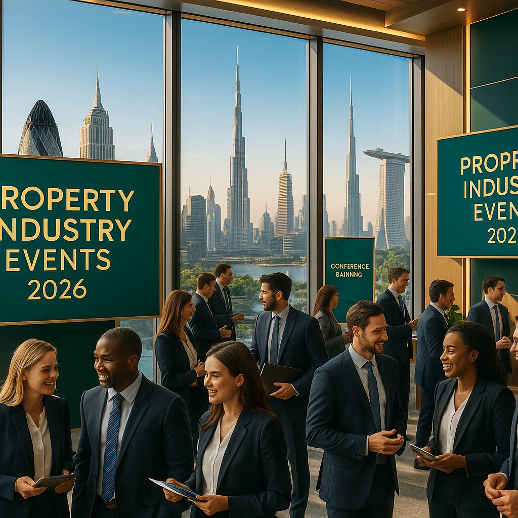Property for sale Professionals in business attire network at a property industry event in a modern venue with large windows overlooking a city skyline. Signs display “Property Industry Events 2026,” “Conference Banking,” and highlights from 2025 auction events. Presented by Palace Auctions