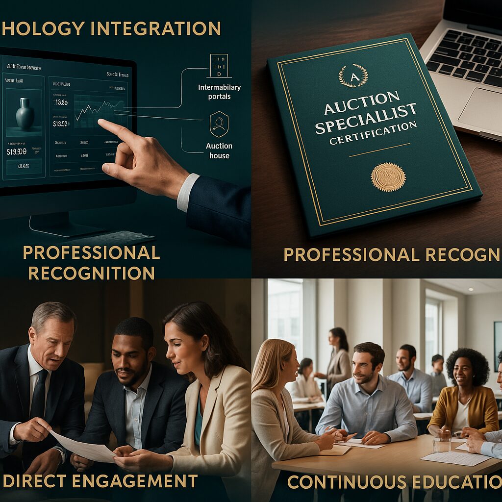 Property auction agents London Property auction agents London A collage shows: a hand using an auction interface, a certification booklet labeled "Auction Specialist," London property auctioneers discussing documents, and a group at a seminar—each highlighting benefits of auction specialist certification. Presented by Palace Auctions