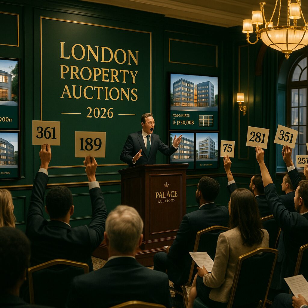 Property for sale An auctioneer stands at a podium during one of London’s 2025 auction events, as attendees hold up numbered paddles to place bids. Digital screens behind display property images and current bid amounts. Presented by Palace Auctions