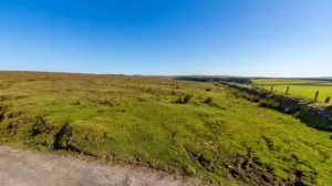 Property for sale A wide, grassy field under a clear blue sky, with a dirt path in the foreground and a fence running along the right side—prime land for sale in Bolventor, Bodmin, Cornwall. Presented by Palace Auctions