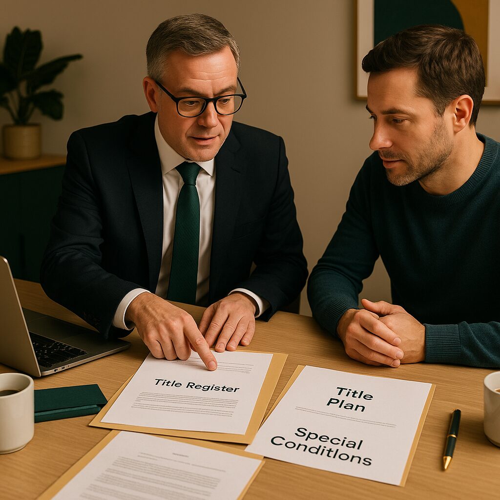 Understanding Legal Packs Guide Understanding Legal Packs Guide Two men sit at a desk discussing documents from an auction legal pack, including the "Title Register," "Title Plan," and "Special Conditions." One man points at a document, with a laptop, coffee cup, and plant on the table. Presented by Palace Auctions