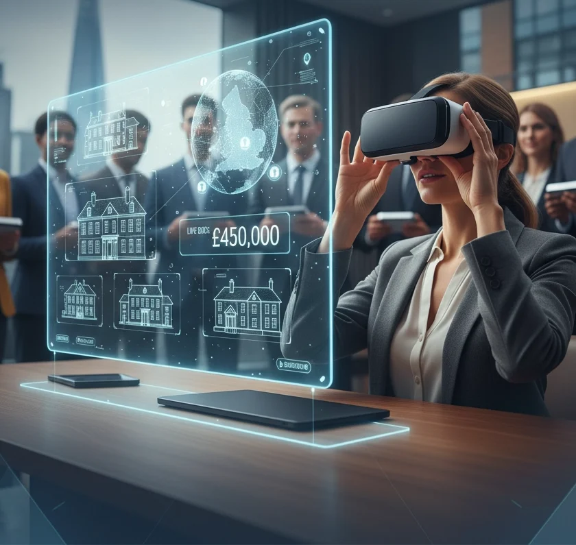 Property for sale A woman in business attire uses a VR headset to view virtual property listings, with digital screens displaying houses and prices. Colleagues watch in a modern office. Text reads: 