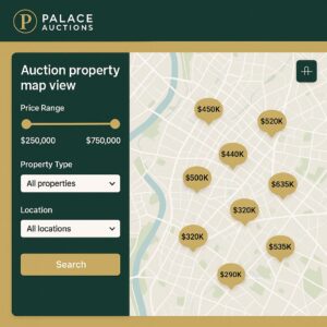 Property for sale An auction property map view displays property prices from $290K to $635K on a city map. Filters for price range, property type, and location are on the left, with a gold “Search” button below. Presented by Palace Auctions