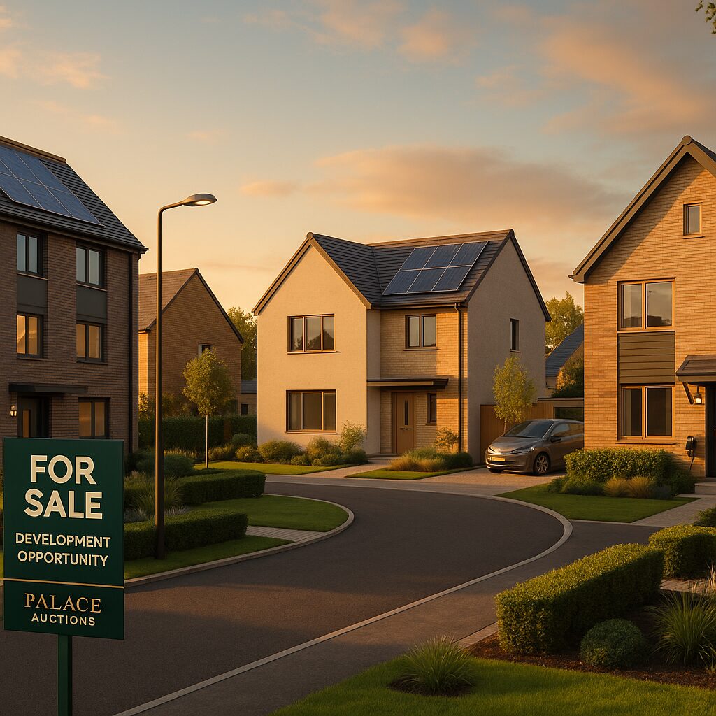 Property for sale A modern suburban neighborhood at sunset, featuring detached houses with solar panels, a parked car, manicured lawns, and a "For Sale Development Opportunity" sign from Palace Auctions in the foreground—ideal new homes for sale near London. Presented by Palace Auctions