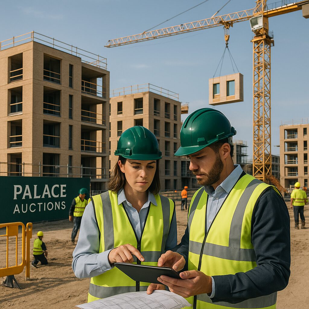 Property for sale Two construction workers in safety gear review plans on a tablet at a new build and development site, with cranes, new apartment blocks, and workers in the background. A sign reads "Palace Auctions – Professional Services. Presented by Palace Auctions