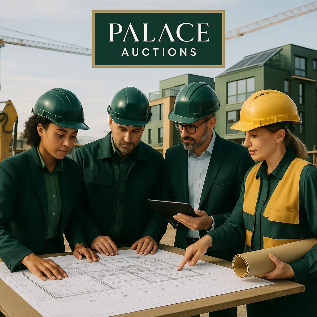 Property for sale Four construction professionals in hard hats review blueprints at an outdoor site. Modern buildings and cranes suggest active new build and development sites. A "Palace Auctions" sign is displayed above them, highlighting professional services. Presented by Palace Auctions