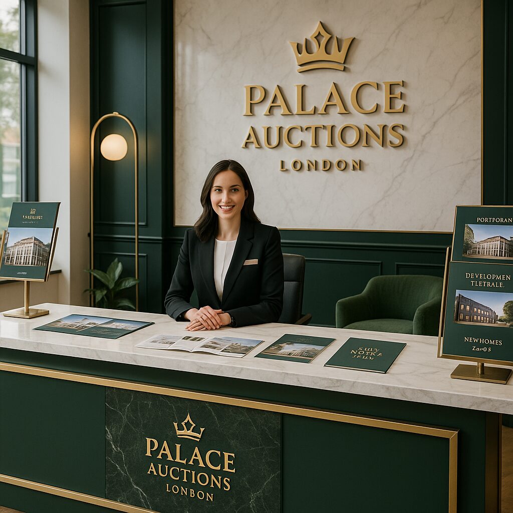Property for sale A woman in a suit sits at a reception desk labeled "Palace Auctions London," with brochures featuring new homes for sale and display boards about properties, set against walls decorated in green and gold. Presented by Palace Auctions